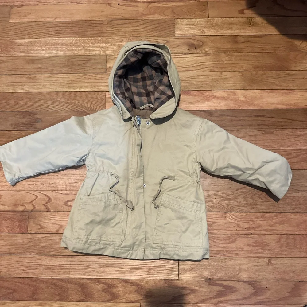 Zara Baby Boy Khaki‎ Lined Coat Jacket Hooded 12-18 Months